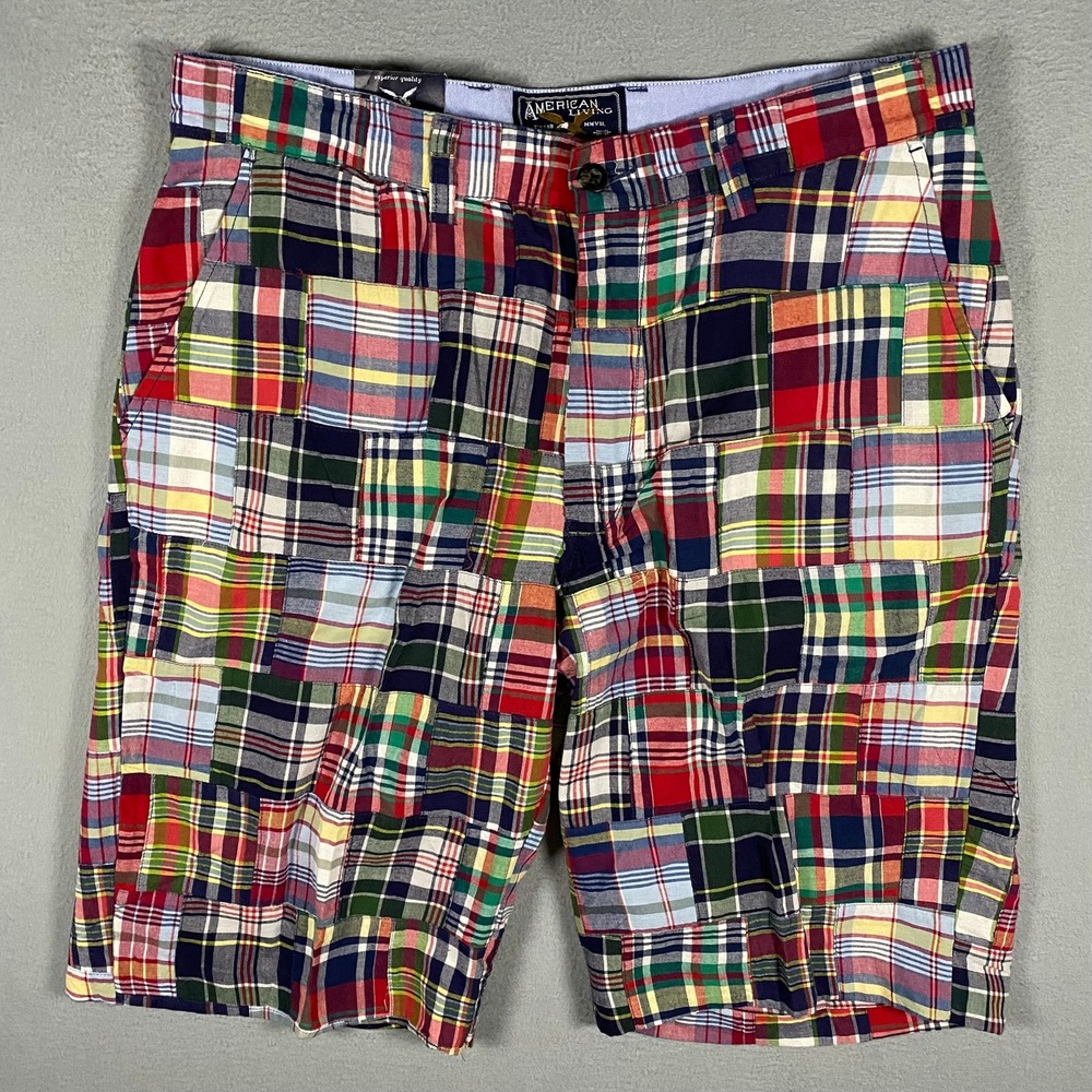 American Living Mens Patchwork Madras Shorts Plaid Multi Color Cotton Size 33